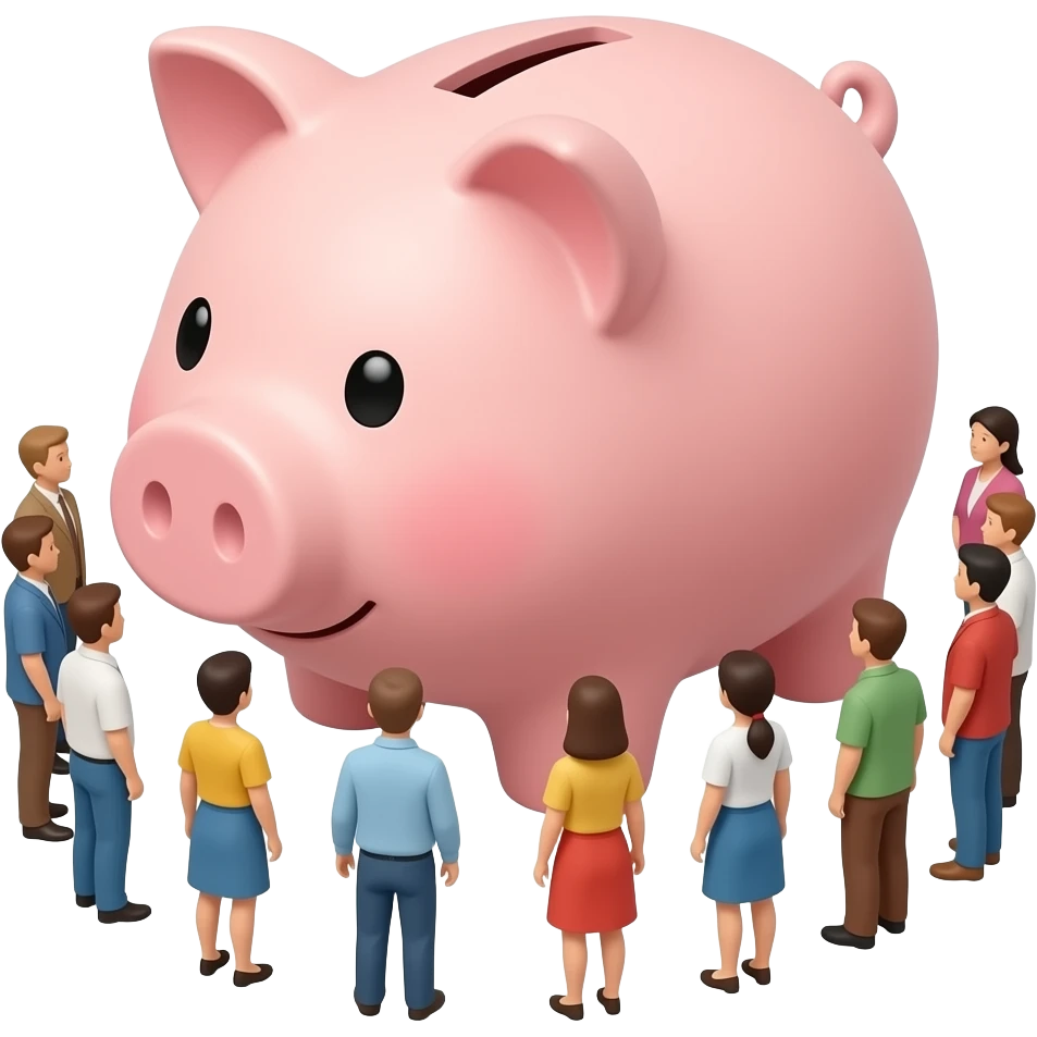piggy bank and small people standing around it looking at it emoji
