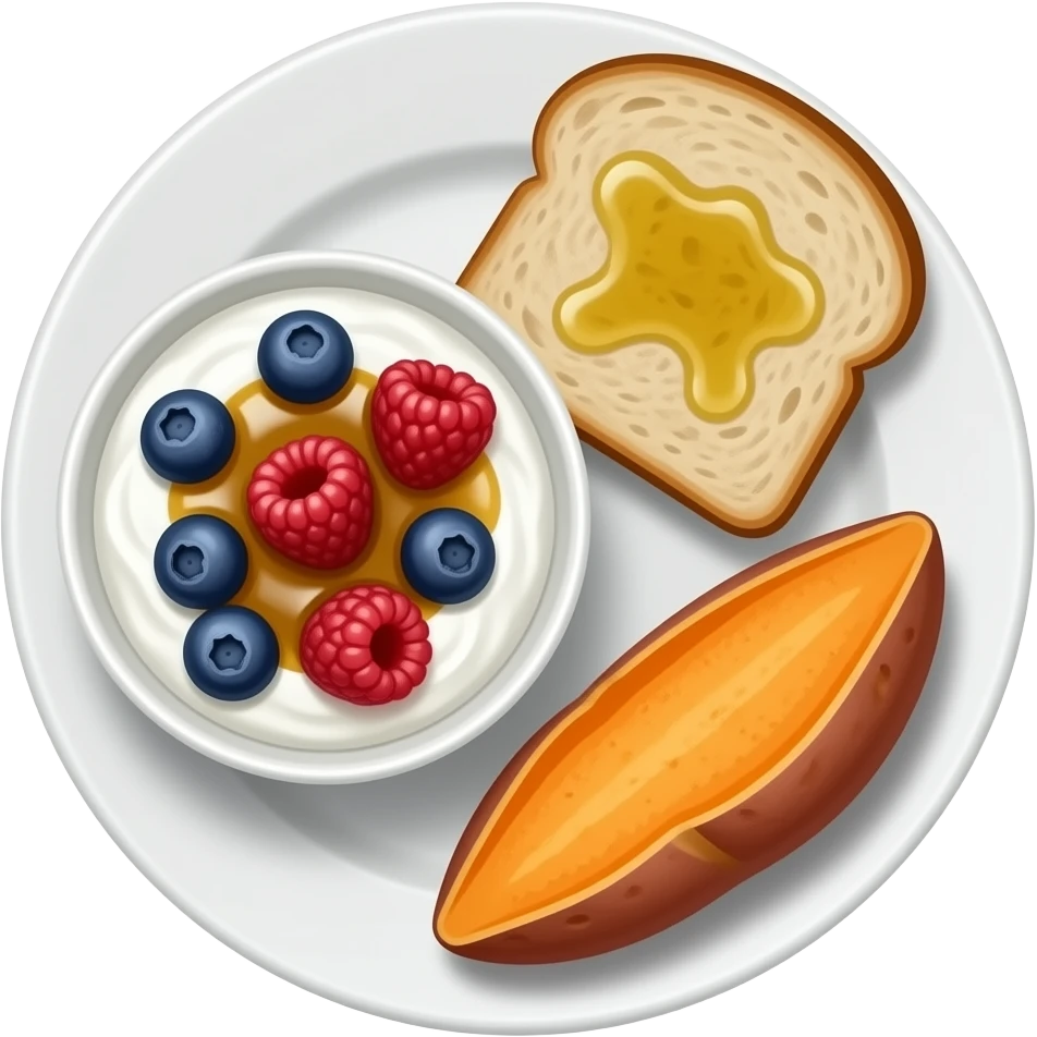 Realistic Plate with greek yogurt bowl topped with blueberries raspberries and maple syrup and sourdough slice topped with olive oil and a sweet potato on the side HD emoji
