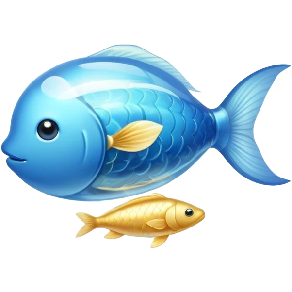 Shimmering golden capsule floating in flowing soft blue liquid currents, with an ethereal translucent fish circling around a glowing brain suspended in the fluid. Gentle waves of light pulsing outward from the brain, creating an aura of serenity, enhanced focus and mental clarity. emoji