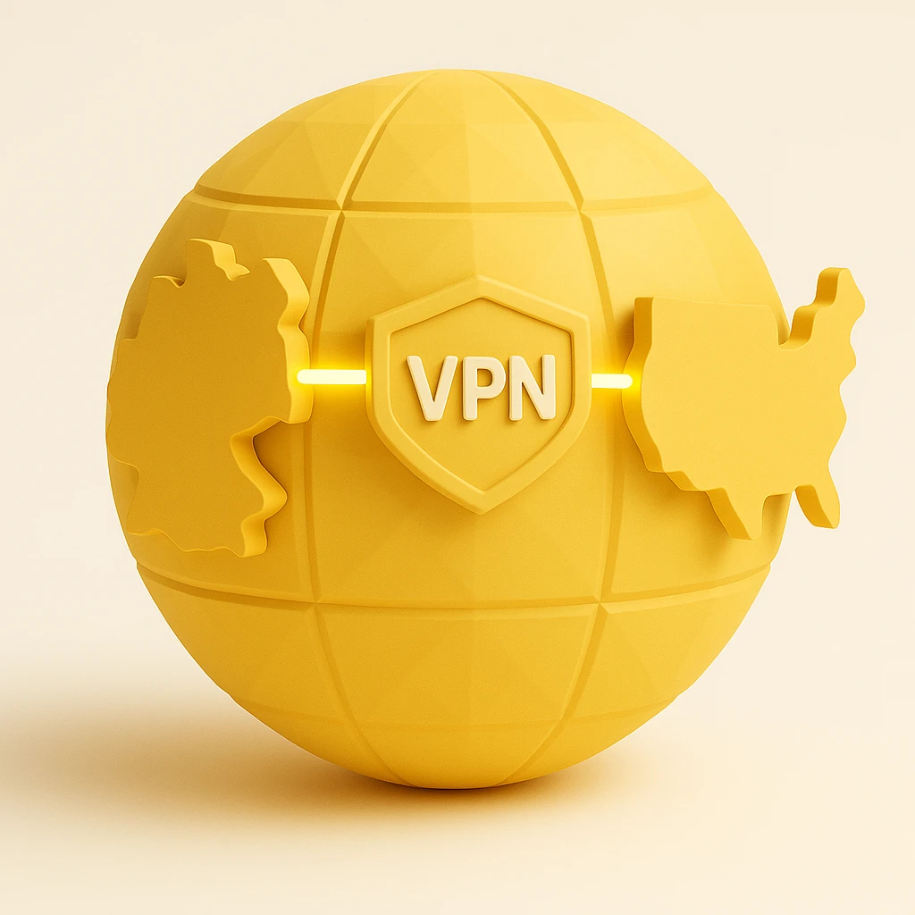 Make the VPN connection line between Germany and USA glow with a yellow color scheme on a playful 3D globe with realistic shading and depth. emoji