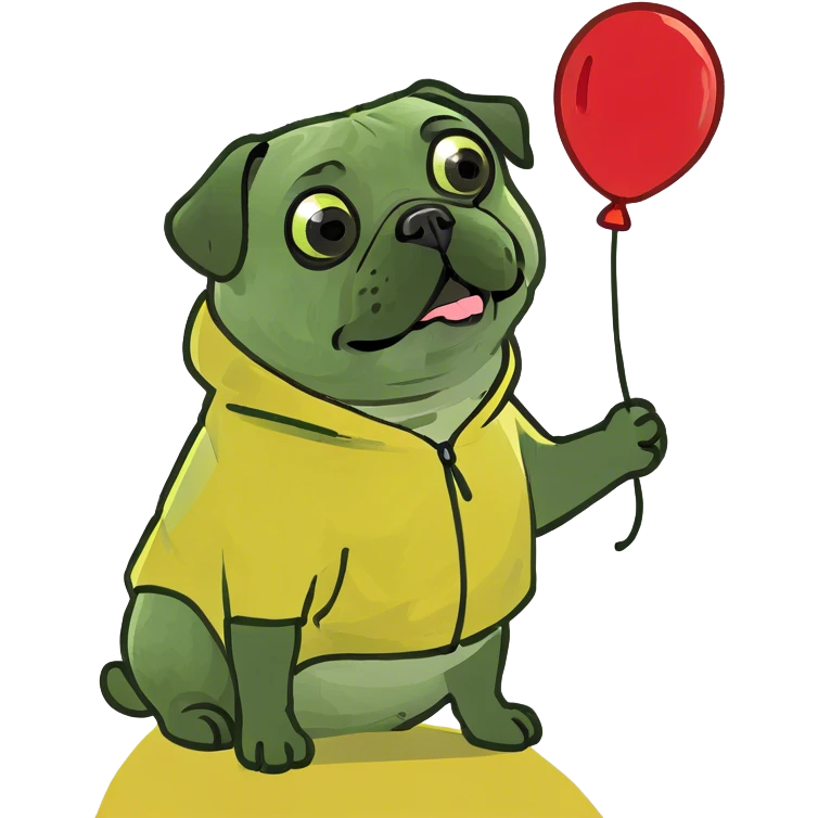 a pug in a yellow raincoat and a red balloon behind him emoji