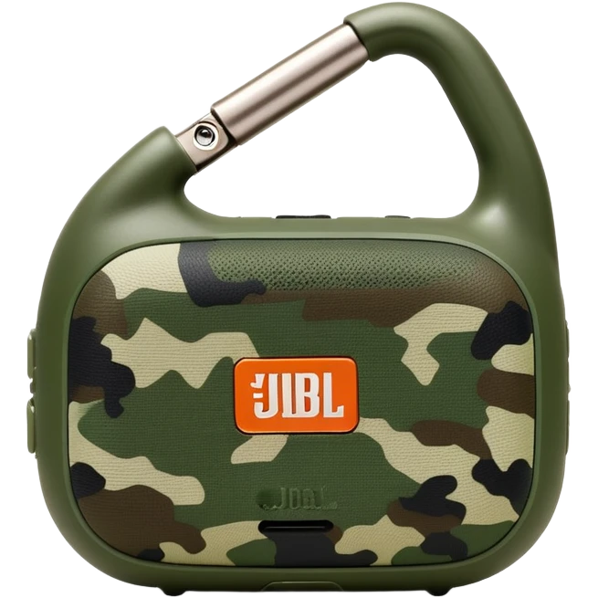JBL Clip 4 bluetooth speaker with green camo pattern, minimalist iOS emoji style with carabiner clip emoji