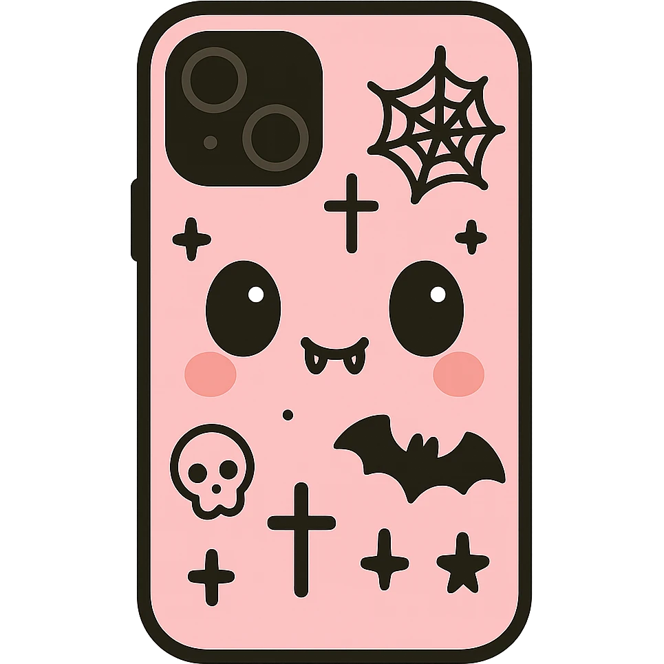 Add more gothic symbols such as crosses, spiderwebs, bats, and skulls to the pink and black kawaii phone case. Keep big eyes, cute fangs, playful, cartoonish, with no background. emoji