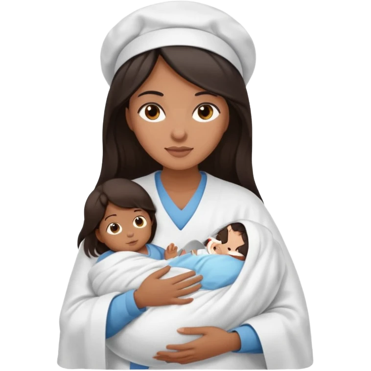 Female nurse with long dark hair with medium brown skin and brown eyes holding one new born  emoji