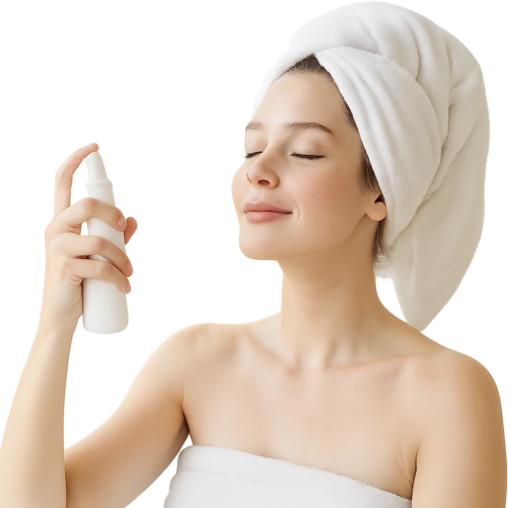 girl misting her face, relaxed, spa-like atmosphere, light and airy, skincare emoji