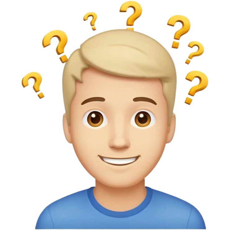 улыбающийся мужчина с вопросами над головой  emoji