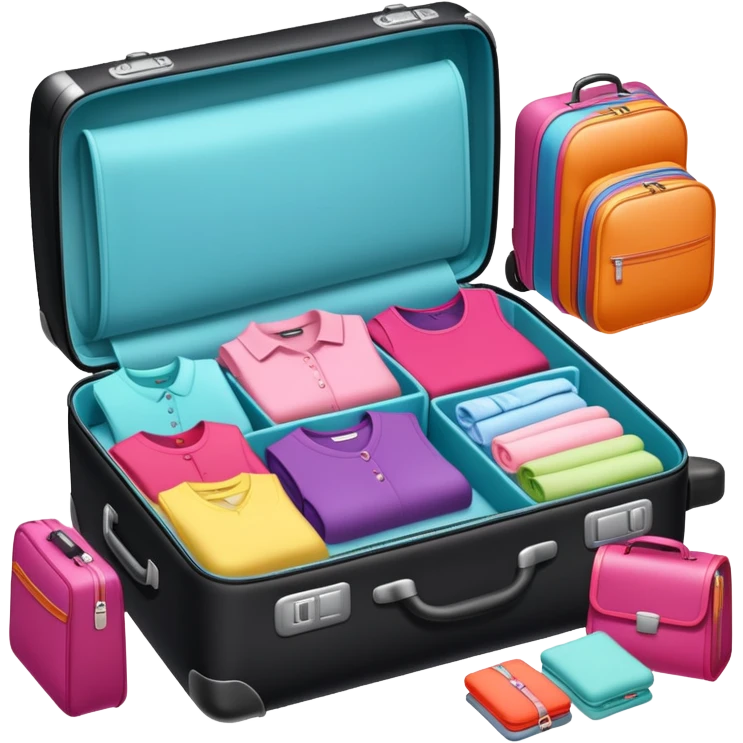 Unpacked black luggage with female clothing & toiletries emoji