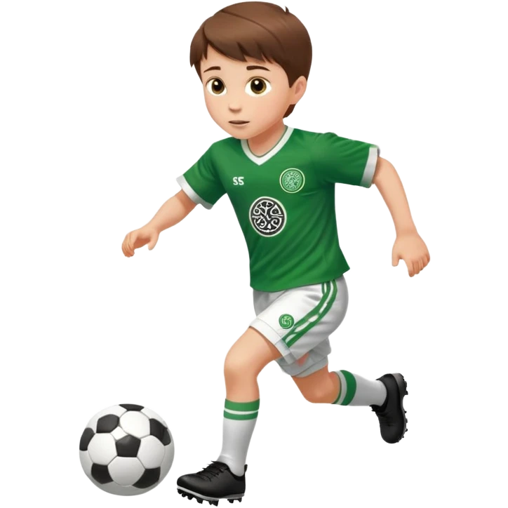 Celtic footballer jersey logo  6 years old brown hair white boy , brown eyes , stripes uniform , RUNNING  with soccer ball is number  17 celtic football logo  ONE CELTIC LOGO ONLY white shorts emoji
