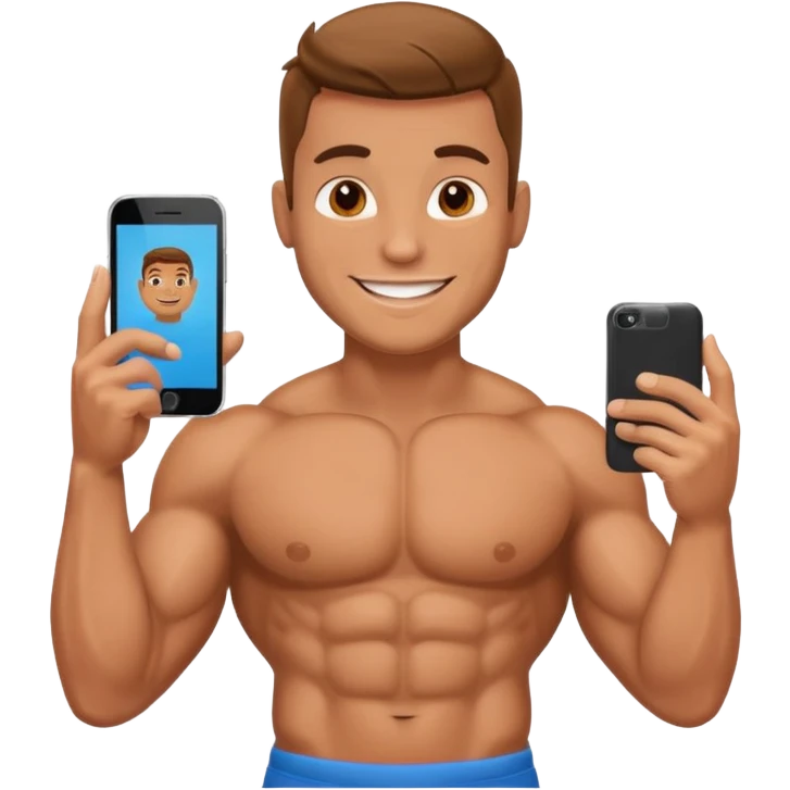 Mec musclé avec un téléphone dans les mains qui navigue sur so téléphone qui sourit emoji