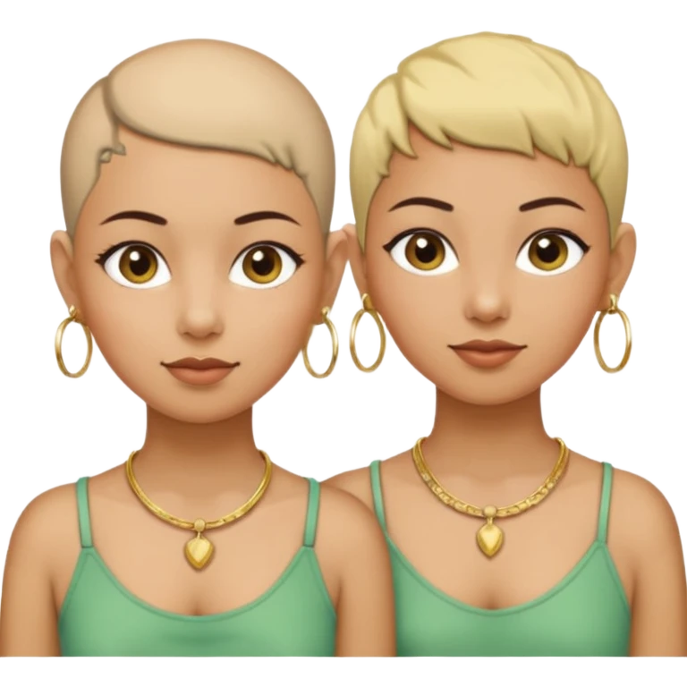 Twin sisters olive skin tone one with bald hair and one with pixie cut wearing gold hoop earrings and gold necklace emoji