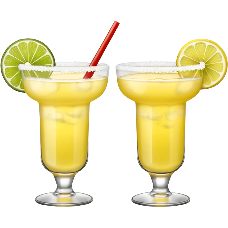 2 margarita cocktails. one is the classic margarita: yellowy with salt on the rim and a lemon. the other one is a spicy margarita: slightly more red color with a small red chili pepper instead of a lemon on the rim  emoji