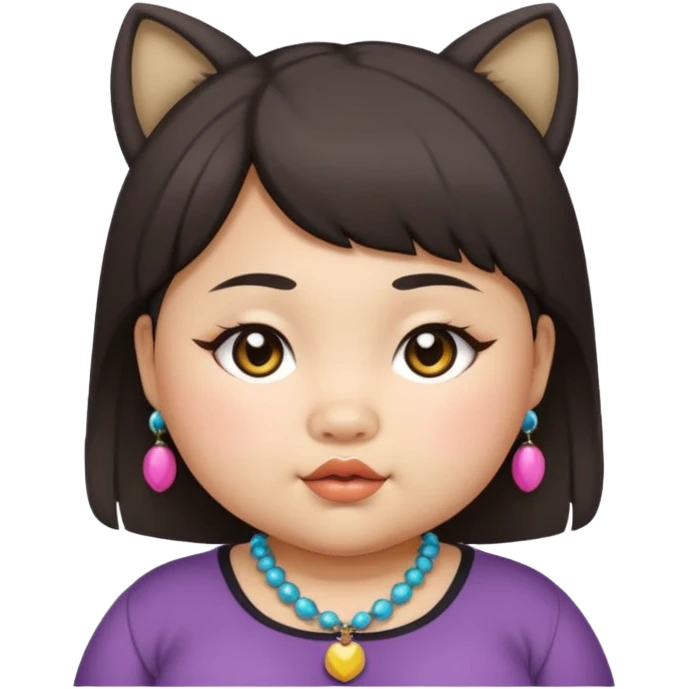 chubby Asian girl, medium wolf cut, baby face, age 15, funky accessories emoji