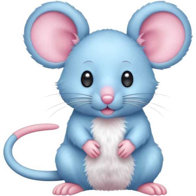 A small, light blue, fuzzy toy mouse with pink ears and a pink nose emoji