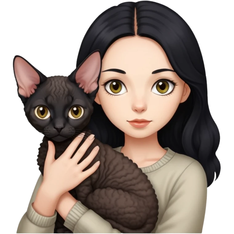 A girl with long black hair holding a Devon cat emoji