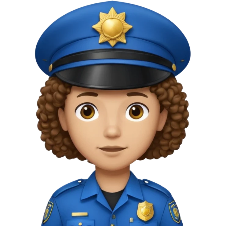 a cartoon-style avatar of a police officer with curly brown hair, wearing a black cap emoji