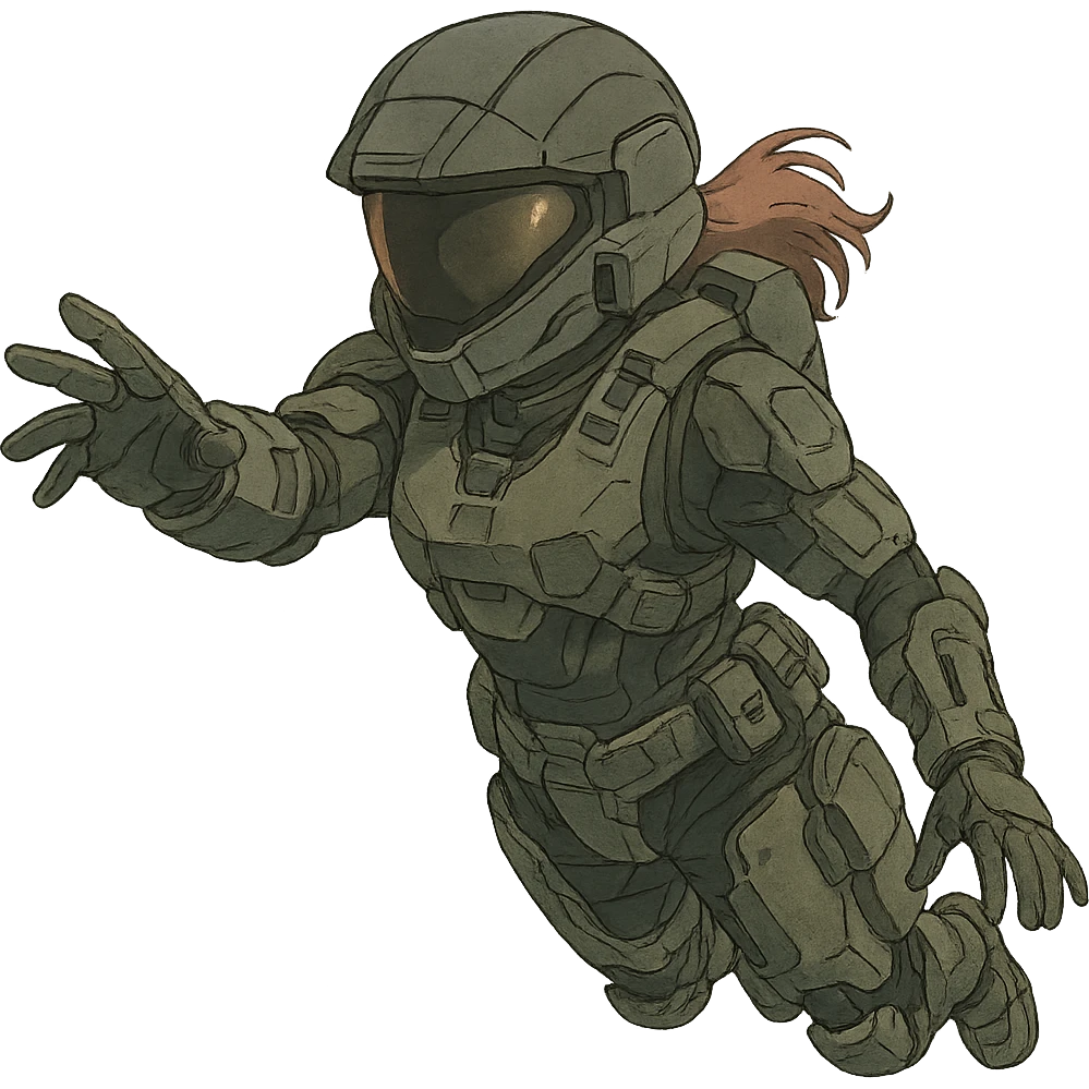 1 female, strengthened sIII spartan-3 helmet with a black visor, a tactical female space warrior floating in zero-g EVA operations, reaching in front of her emoji