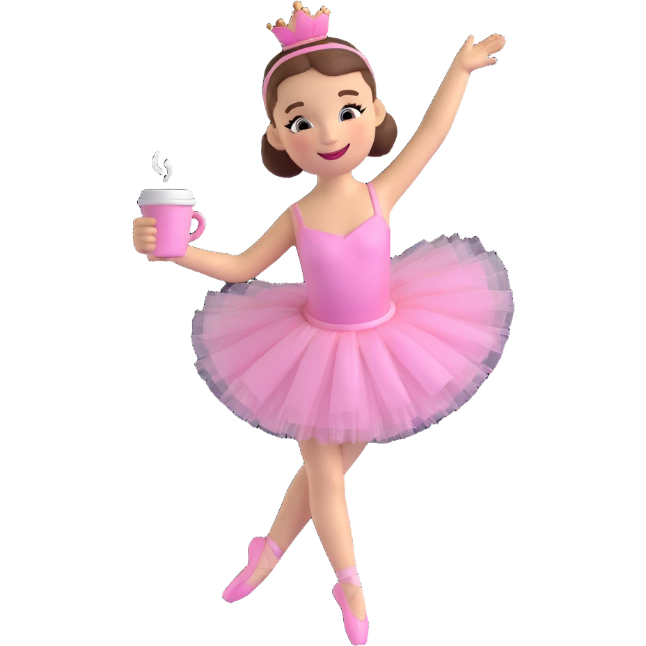 A ballerina with a coffee cup for a head, smiling face, wearing a pink tutu, shiny and glossy, on a white background in 3D iOS emoji style. emoji