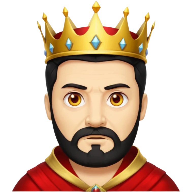 


an old king with yellow skin, red eyes, 60 years old, black hair, black beard, wearing a crown, red robe, fierce face
 emoji
