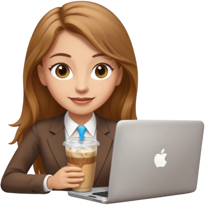 Women in front of laptop with a happy face, long light brown hair, light brown big eyes, light skin with a iced coffee on the side, business attire emoji