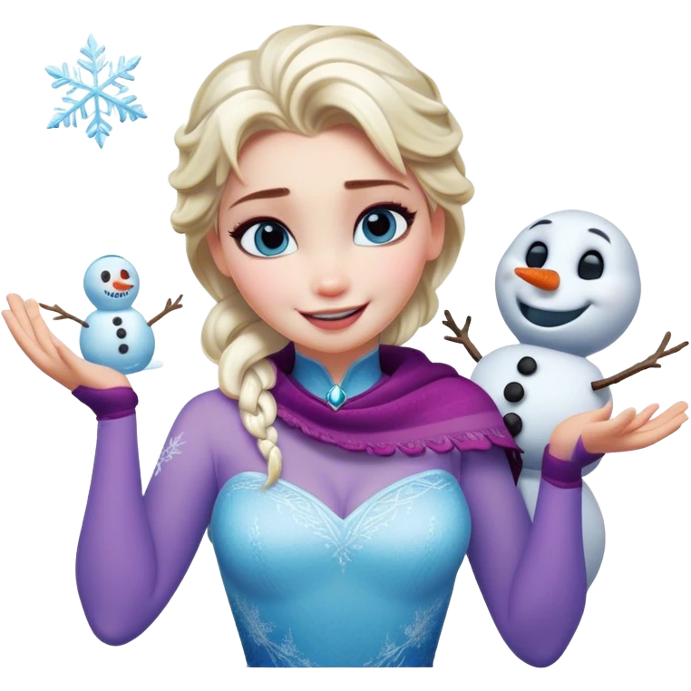 Cinematic Funny Elsa Portrait Emoji, Making a tiny snowman in her hands with a proud grin, looking smug as it dances, an unexpectedly hilarious moment of icy creativity! emoji