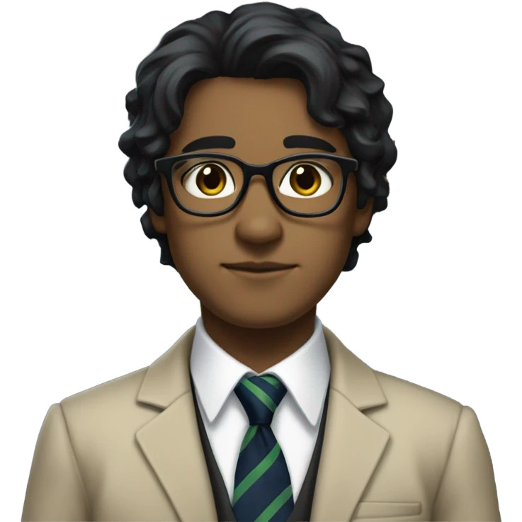 Hair: Messy, medium-length black hair slightly covering the ears and forehead.  Outfit: A formal school uniform featuring a white shirt with an open collar, a green striped tie, a navy sweater underneath, and a beige blazer on top. Black glasses emoji