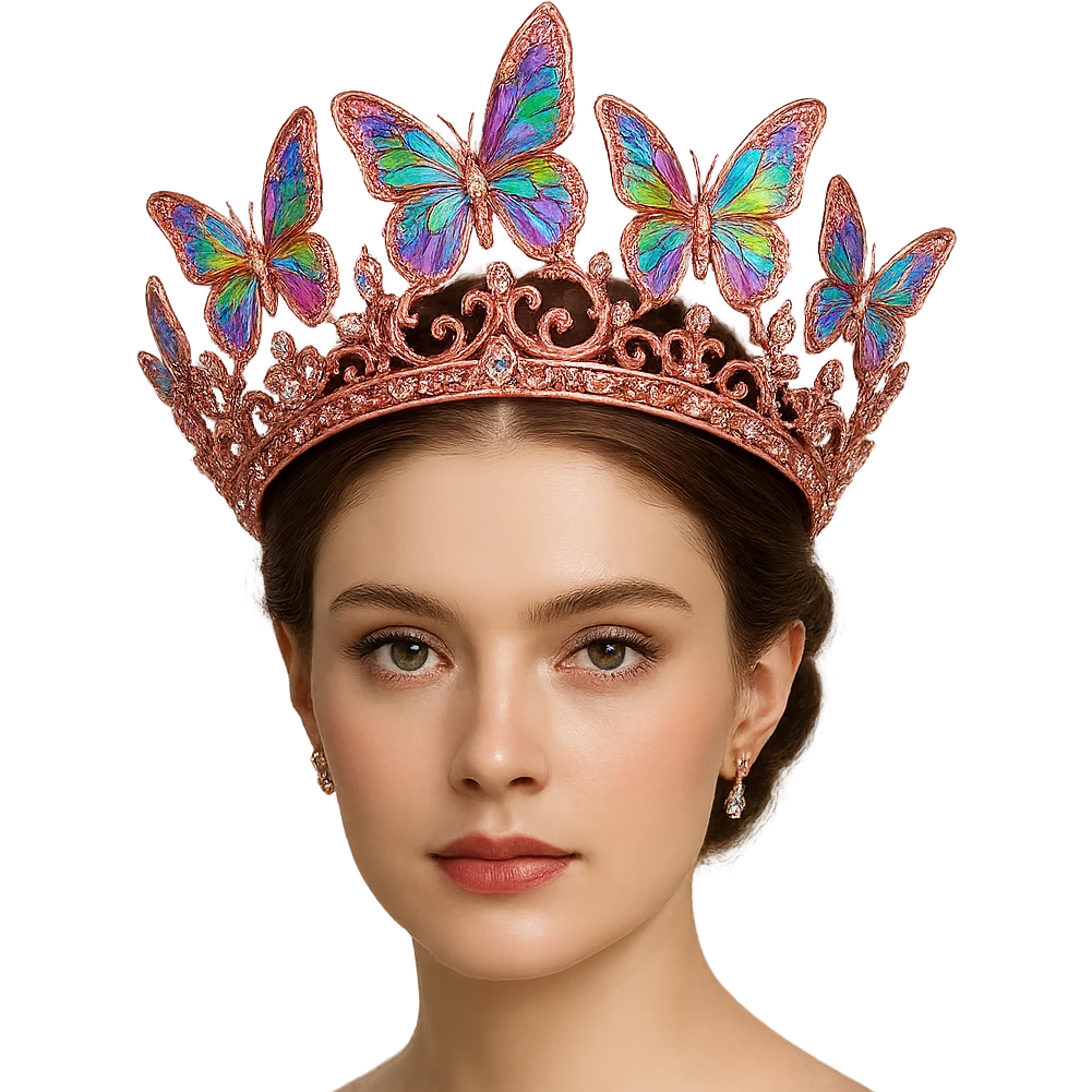 Change the butterfly crown to shimmering pink metal with rainbow butterflies and crystal accents, radiant and regal. Keep the background transparent. emoji