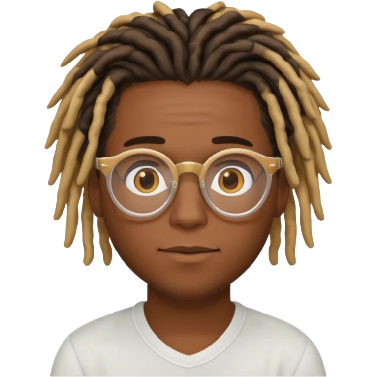  dark skin to brown male with dreads that are medium short with honey blond on one dyed one side of his hair wearing clear glasses looking in love emoji