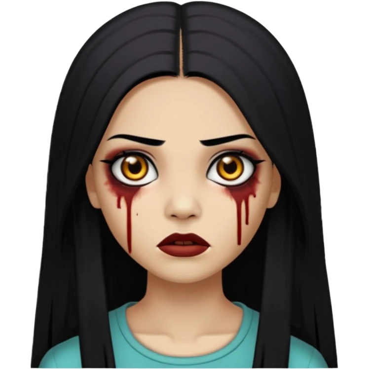 zumbi mulher,cabelo repartido no meio,olho escuro,cabelo liso longo preto  emoji