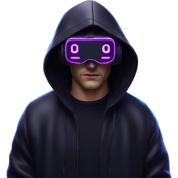 Russian man wearing a black hoodie with "OMG" letters on it and VR headset in a cyberpunk VR environment with violet neon lighting. emoji