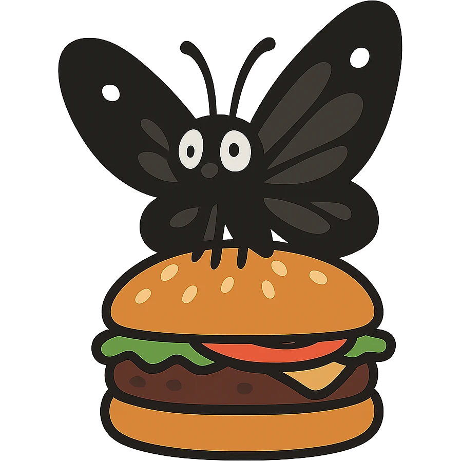 flat toon style black butterfly sitting on a burger emoji