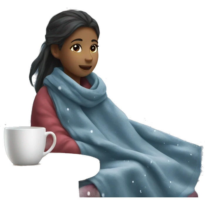 Girl sitting near the window with blanket and tea cup and it snowing  emoji