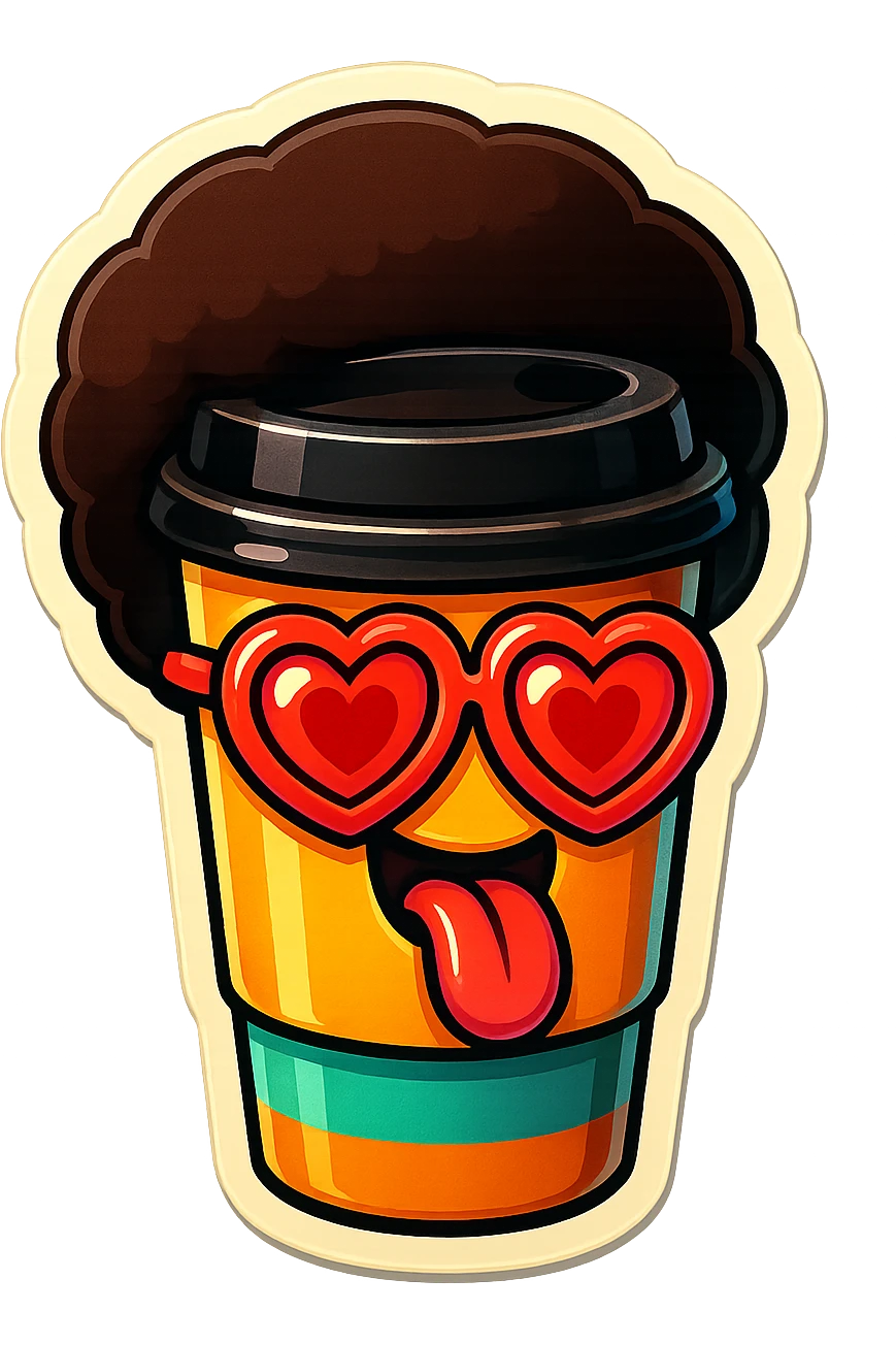 Tall coffee cupp, afro, heart glasses, big heart eyes, tounge rolled out emoji