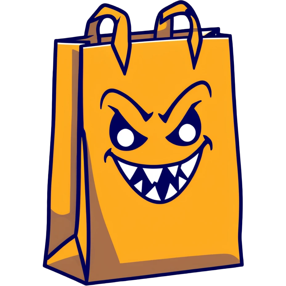 spooky paper bag with scary face and evil grin emoji
