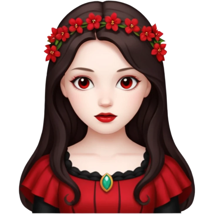 Persephone, Death Goddess from Rome Mythology with long dark brown hair, black and red outfit emoji