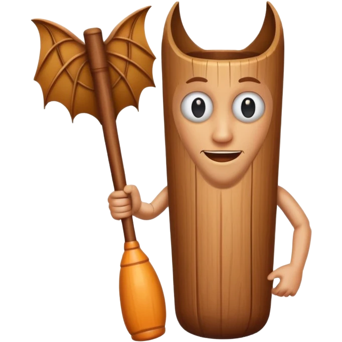 Make a wood tube with a face and wooden legs and arms and a bat emoji