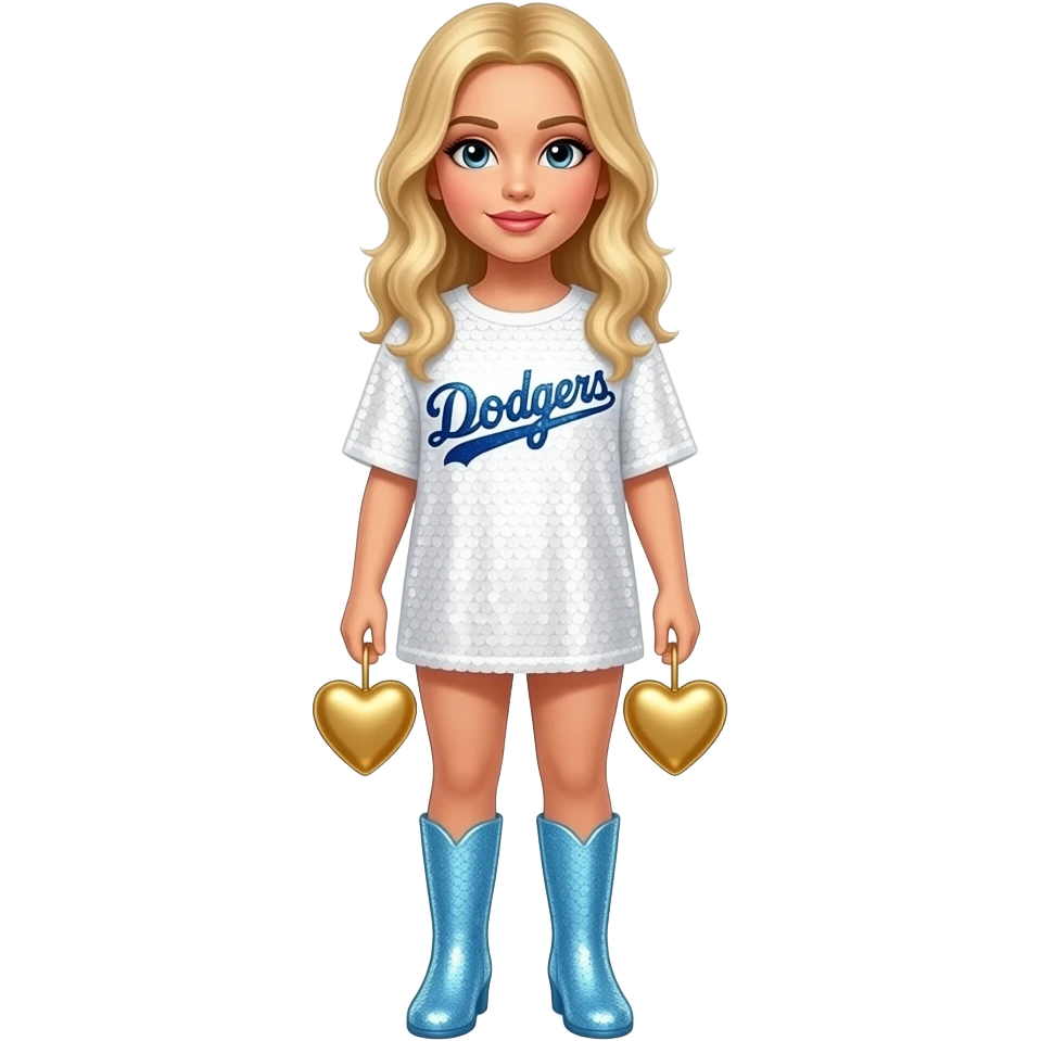 Sabrina carpenter blonde hair wearing an oversized sequin white tshirt that says Dodgers in navy blue sequins. 69 in bottom right corner. Kiss mark in top left corner. light blue sequin boots with a gold heart hanging from each of them emoji