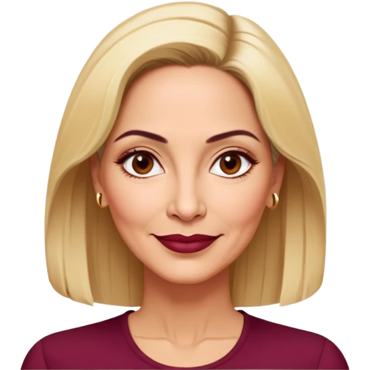Puerto Rican actress Linette Torres in her 50s with warm light skin, mature elegant features, some fine lines, expressive eyes, well-defined eyebrows, straight nose, friendly smile, shoulder-length blonde hair, wearing a fashionable burgundy top emoji