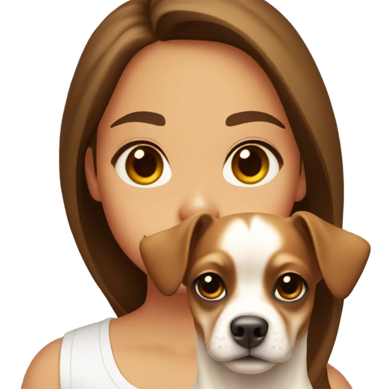 A girl with long brown hair, big brown eyes, very big lips wearing a white singlet top, she is holding a chihuahua that is completely light yellow  emoji