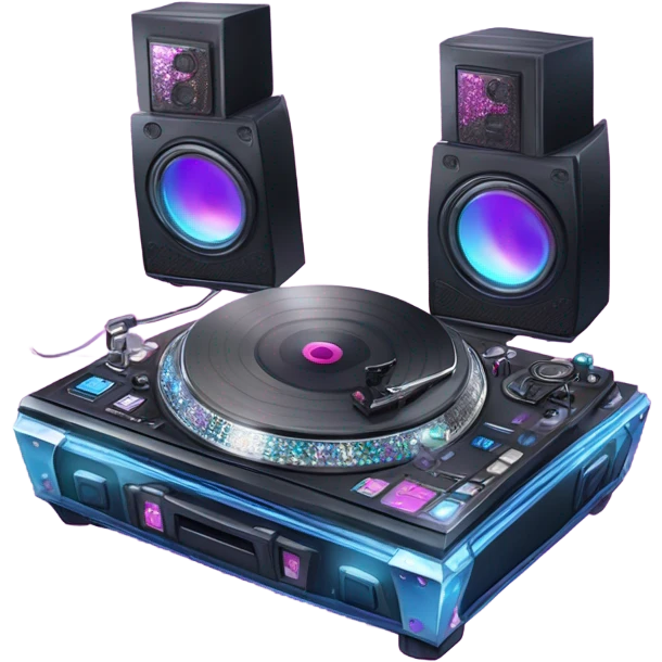 Realistic isolated DJ turntables and console setup with pink,blue,and purple sparkling diamonds and rhinestones on it. emoji