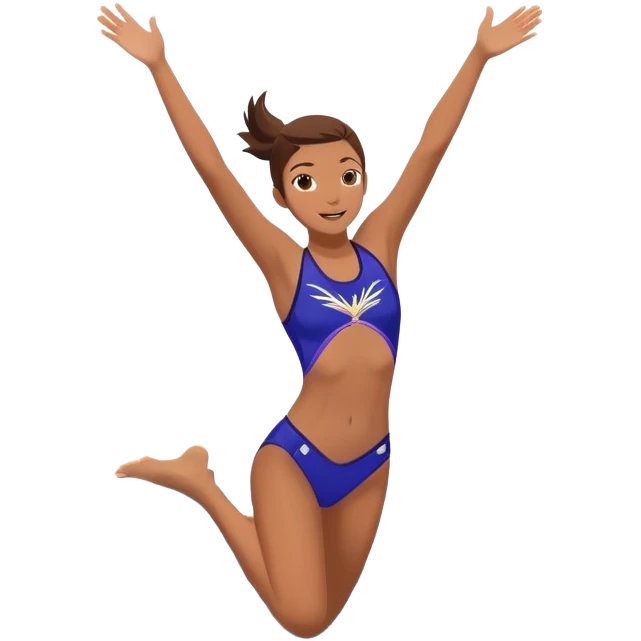 A young person leaps boldly into a sparkling pool named “Confidence,” arms wide, surrounded by skilled divers mid-air. Though less experienced, their fearless energy shines, symbolizing the courage to grow alongside greatness. emoji