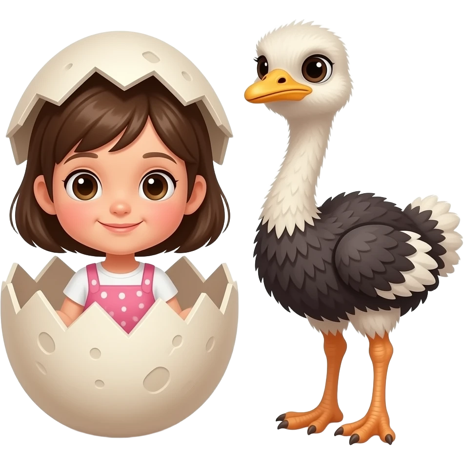 A girl popping out of an ostrich egg which is a dwarf and ostrich is sitting beside emoji