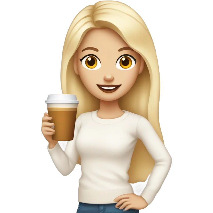 Blonde Blue eyed Girl who wears a white Pullover and Drinks pumpkin spice Latte  emoji