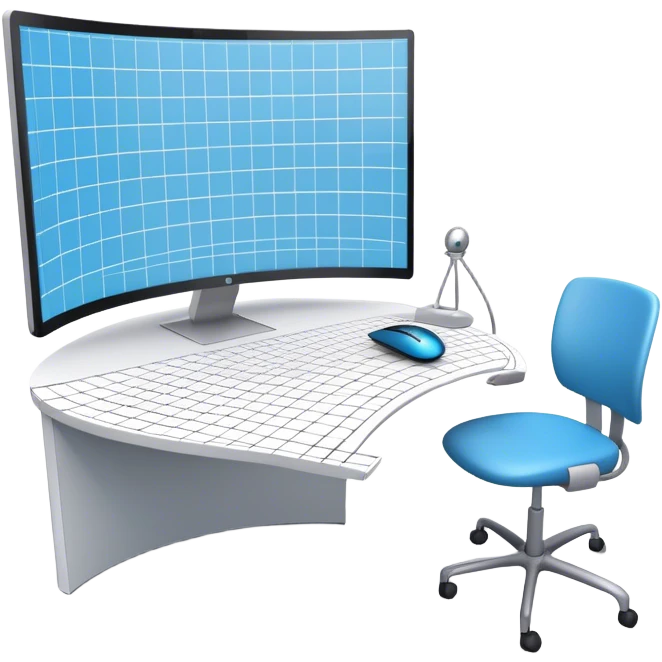Create an emoji for 3D visualization and modeling. Show a 3D object like room model with grid lines on a big curved monitor. Add a modeling tool a mouse and stylus. Use modern, professional colors. Do not include any emojis or smiley faces. Make the background transparent. emoji
