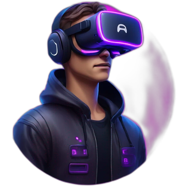 Alekséi Vorobiov wearing a black hoodie with "OMG" letters on it and VR headset in a cyberpunk VR environment with violet neon lighting. emoji