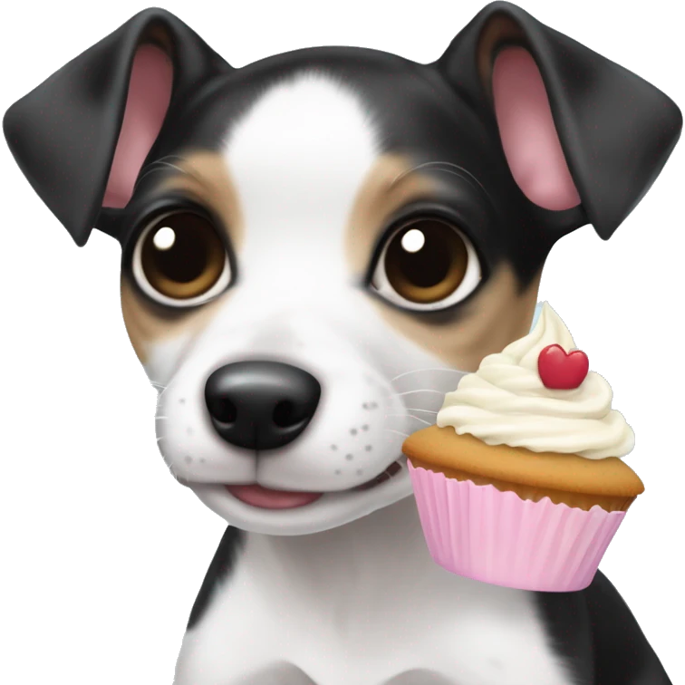 Cute big eyed Black and white rat terrier puppy (no brown) eating a cupcake emoji
