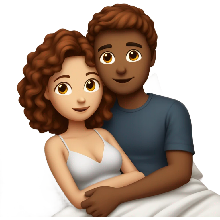 Burgundy haired girl and brunette boyfriend cuddling in bed emoji