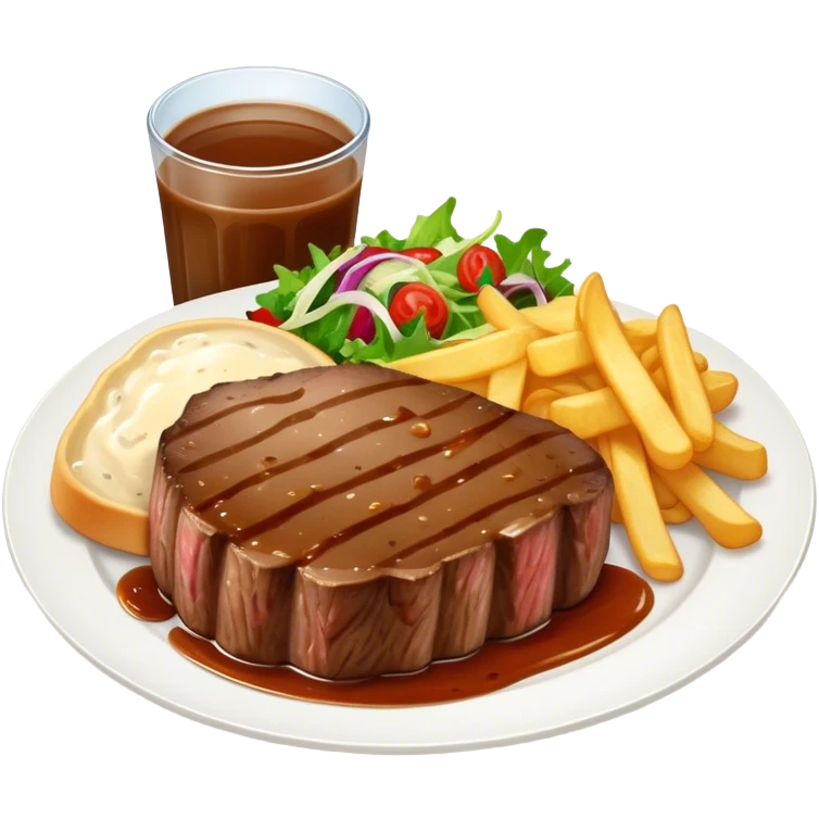 big juicy australian steak meal featuring chips, small salad in a ramiken and gravy  emoji