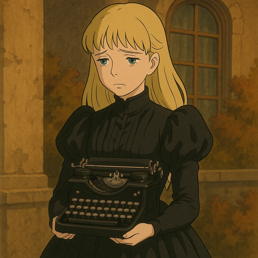 Sad Blonde Victorian woman with bangs wearing a black silk mourning gown and holding a black typewriter emoji
