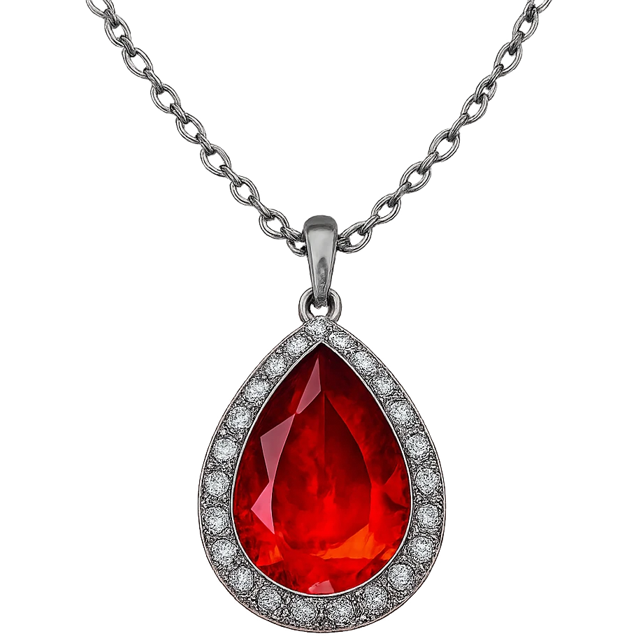 A teardrop-shaped ruby pendant cradled in a delicate silver chain, haloed by shimmering white stones, glowing with fiery red light emoji