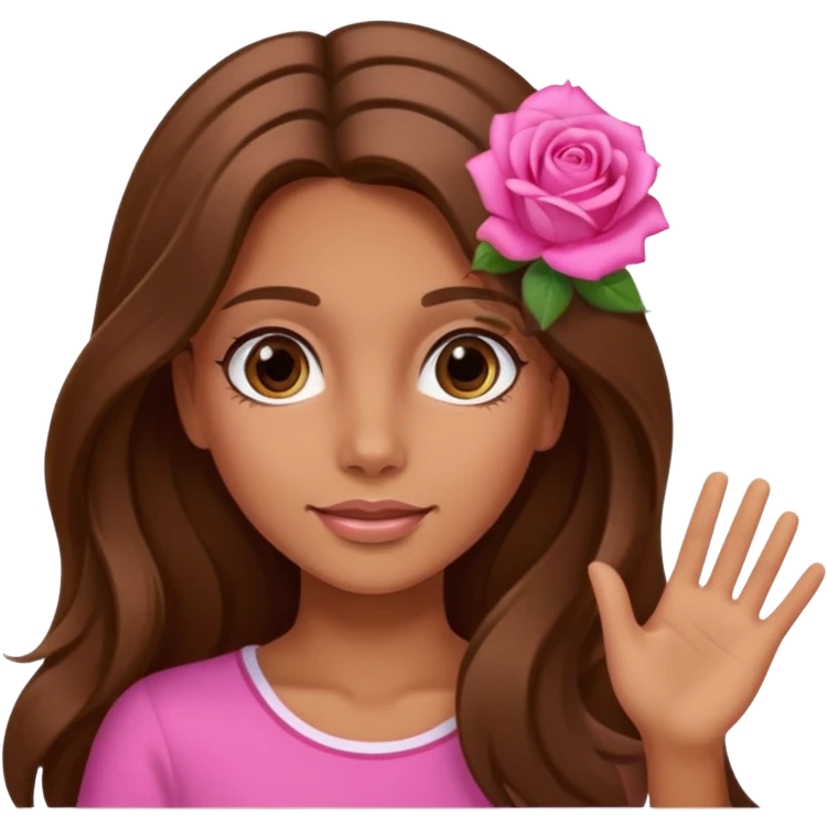 A tanned girl's face waved long brown hair with pink rose emoji